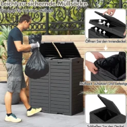 235 L Mülleimer mit Doppeldeckel & Ausziehbarer Auffangschale & Griff Outdoor Mülltonne Schwarz