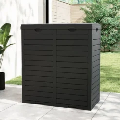 235 L Mülleimer mit Doppeldeckel & Ausziehbarer Auffangschale & Griff Outdoor Mülltonne Schwarz