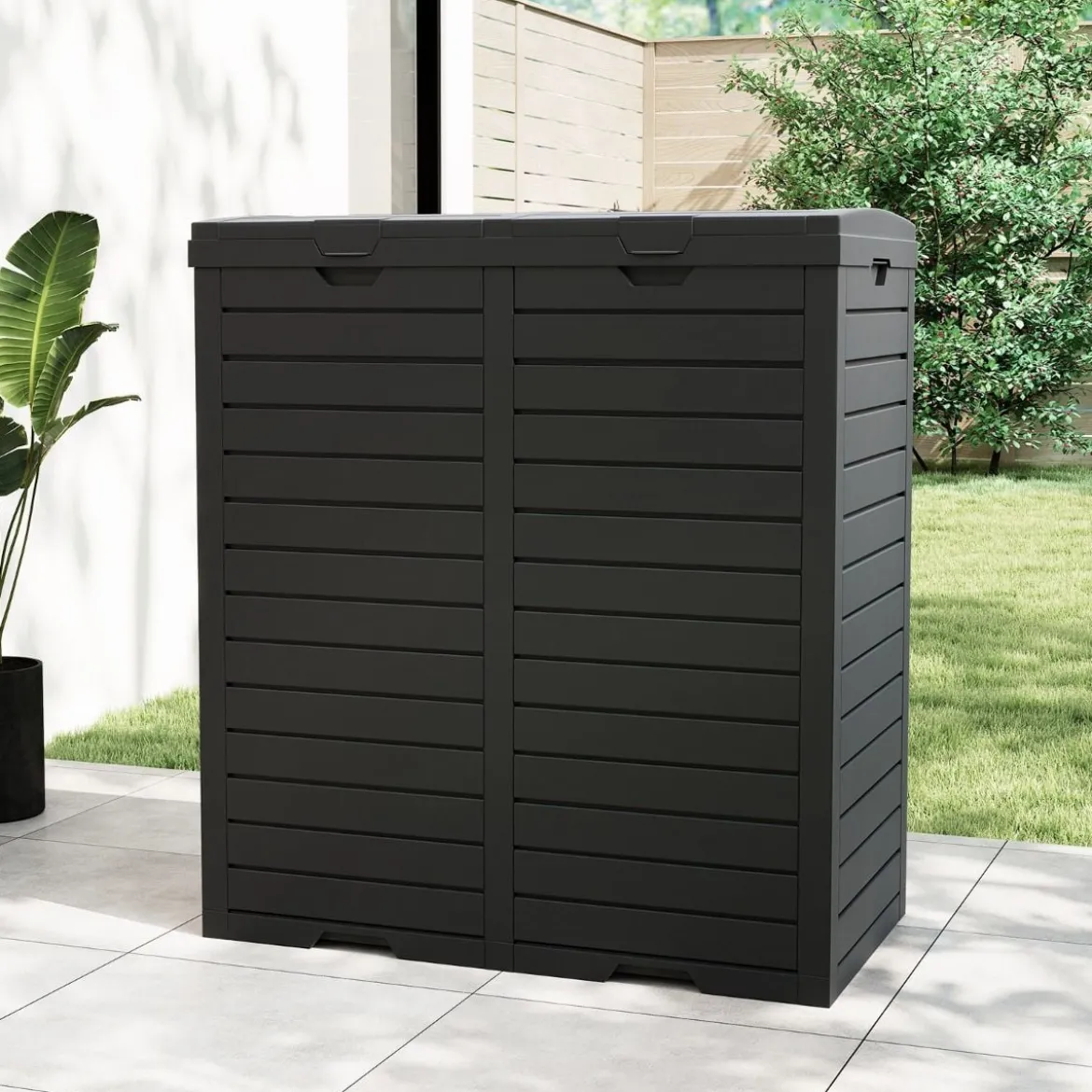 235 L Mülleimer mit Doppeldeckel & Ausziehbarer Auffangschale & Griff Outdoor Mülltonne Schwarz