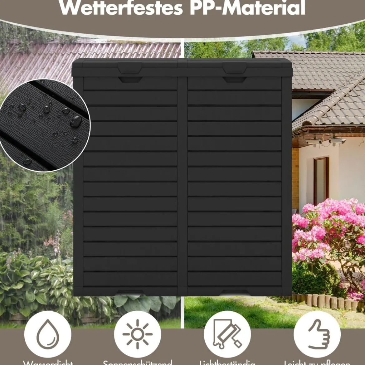 235 L Mülleimer mit Doppeldeckel & Ausziehbarer Auffangschale & Griff Outdoor Mülltonne Schwarz