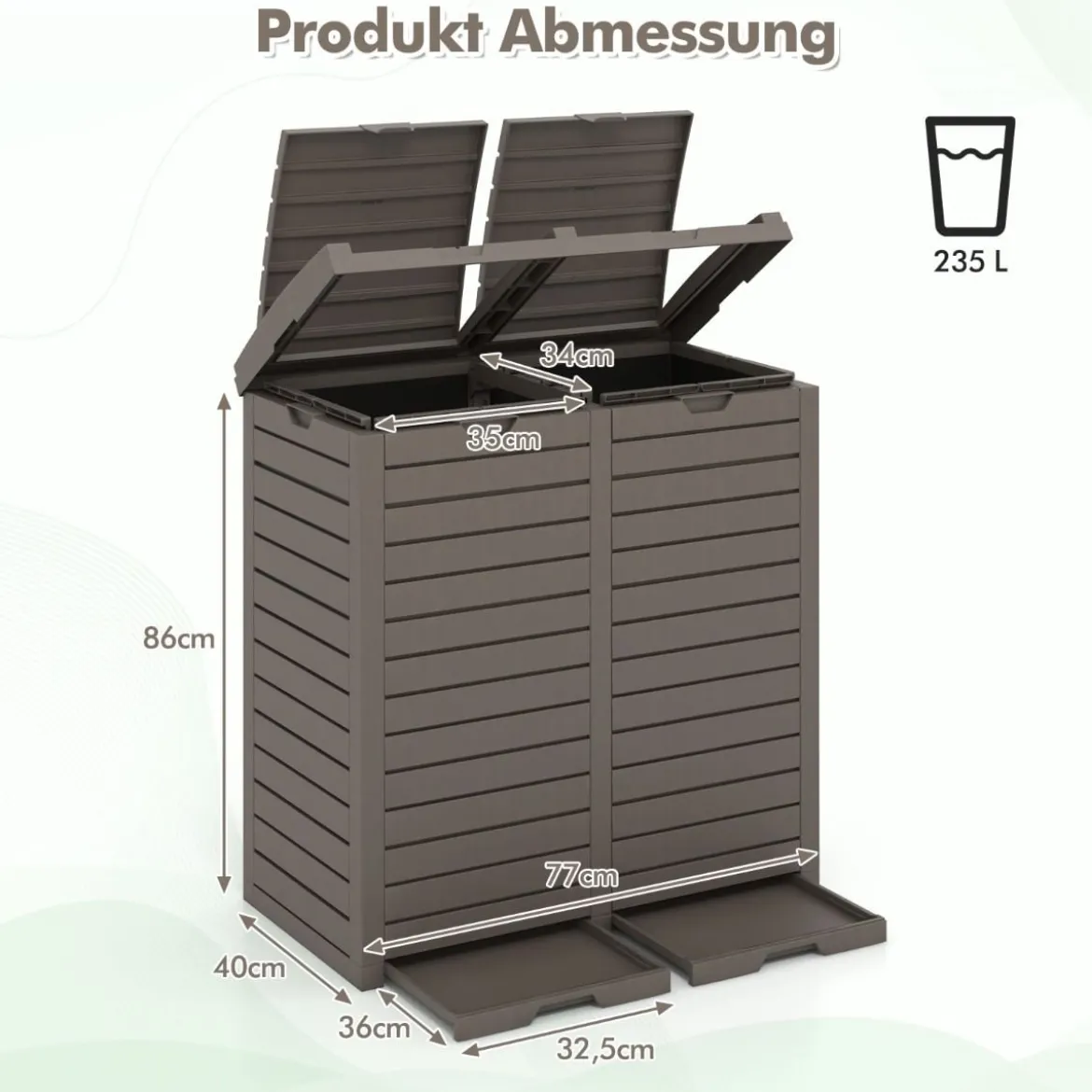 235 L Mülleimer mit Doppeldeckel & Ausziehbarer Auffangschale & Griff Outdoor Mülltonne