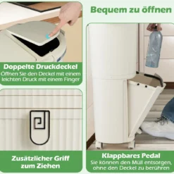 38L Mülleimer mit 2 Herausnehmbaren Eimern & Deckel & Fußpedal & Rädern Abfalleimer Beige