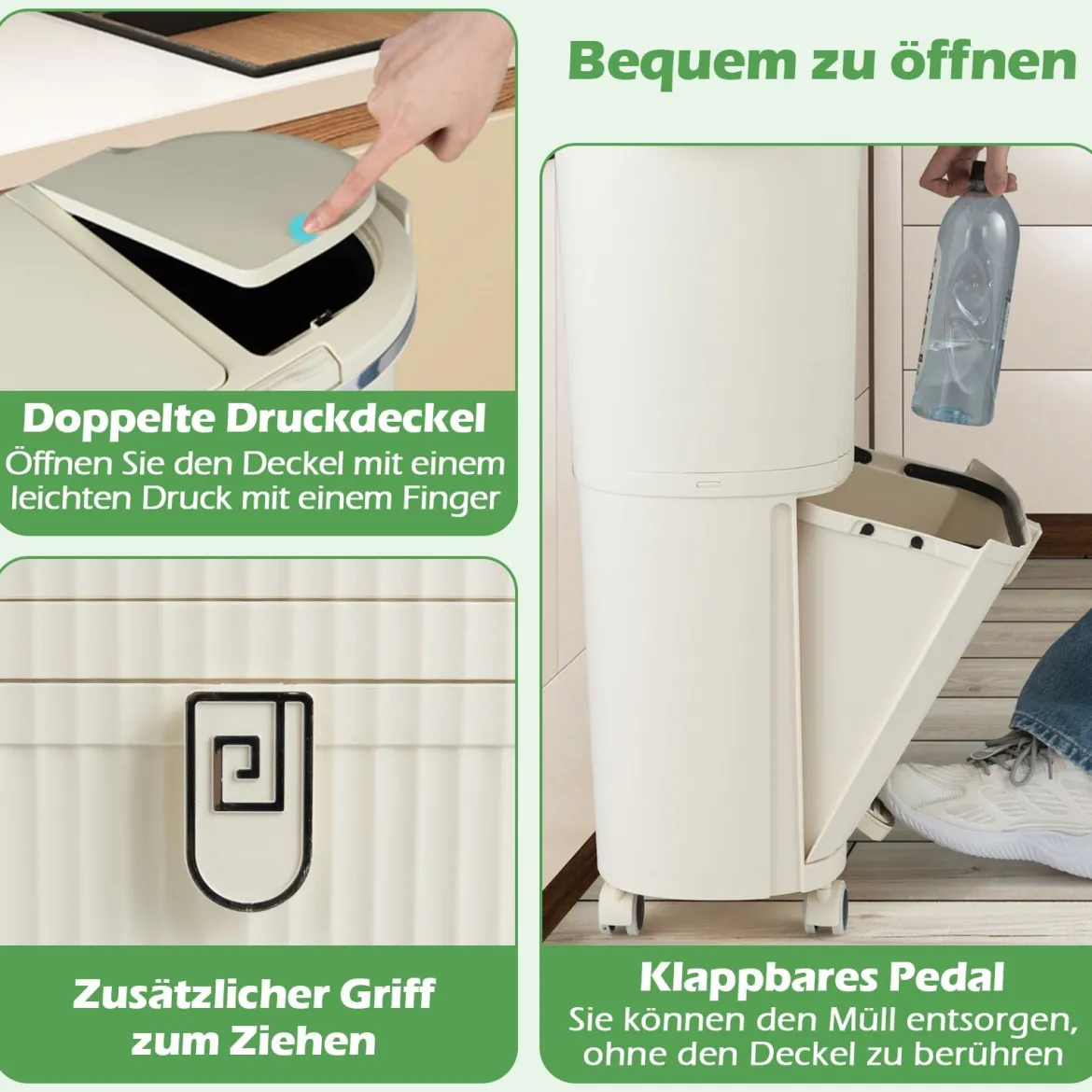 38L Mülleimer mit 2 Herausnehmbaren Eimern & Deckel & Fußpedal & Rädern Abfalleimer Beige