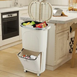 38L Mülleimer mit 2 Herausnehmbaren Eimern & Deckel & Fußpedal & Rädern Abfalleimer Beige