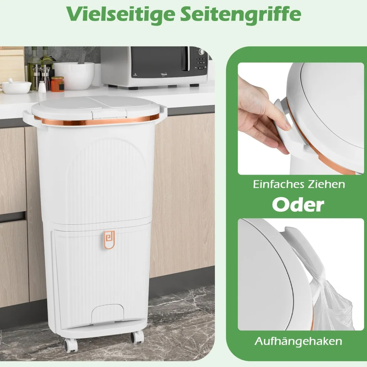 38L Mülleimer mit 2 Herausnehmbaren Eimern & Deckel & Fußpedal & Rädern Abfalleimer Weiß