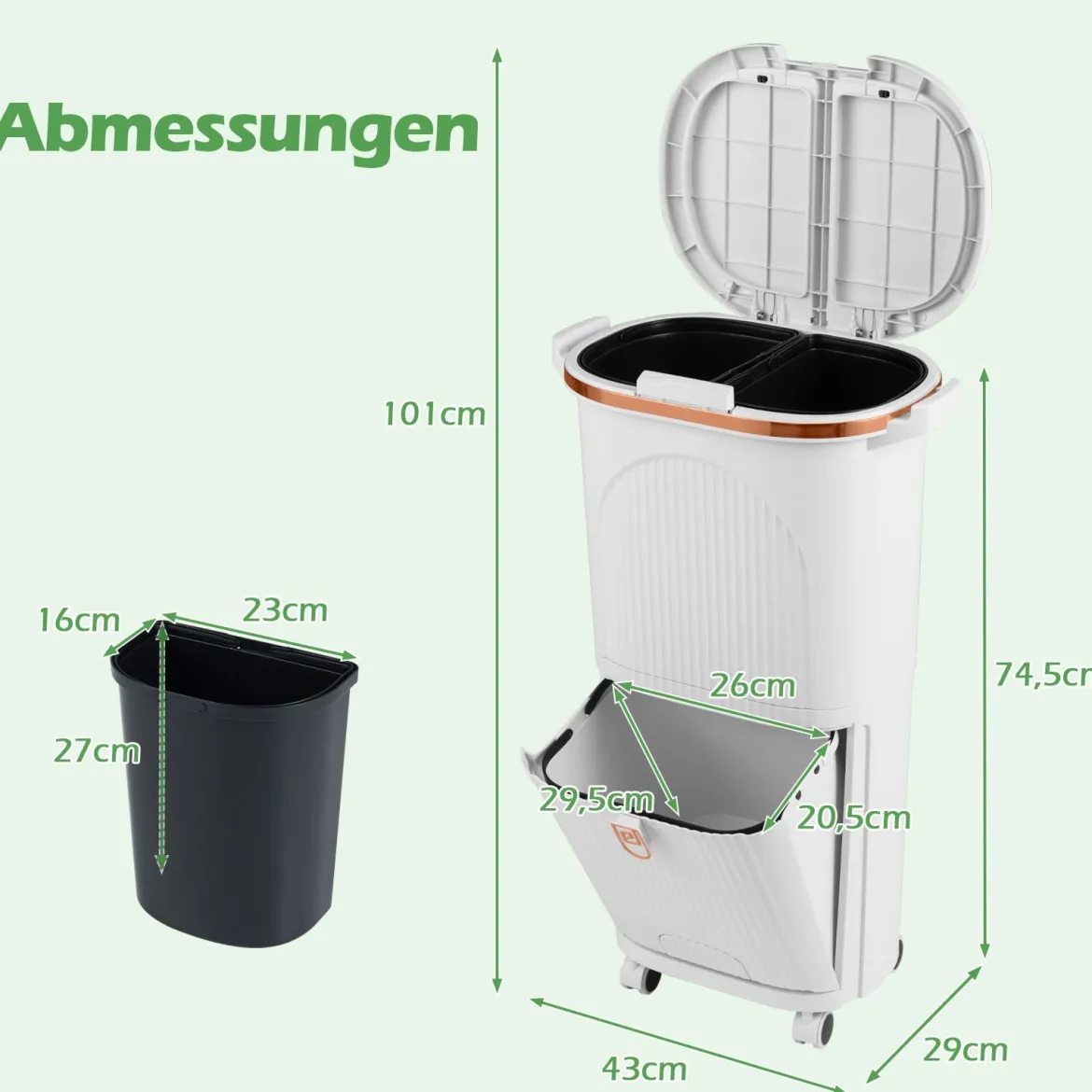 38L Mülleimer mit 2 Herausnehmbaren Eimern & Deckel & Fußpedal & Rädern Abfalleimer Weiß