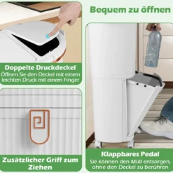 38L Mülleimer mit 2 Herausnehmbaren Eimern & Deckel & Fußpedal & Rädern Abfalleimer Weiß