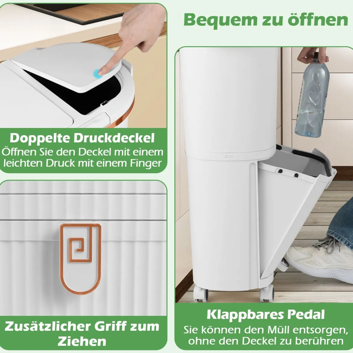 38L Mülleimer mit 2 Herausnehmbaren Eimern & Deckel & Fußpedal & Rädern Abfalleimer Weiß