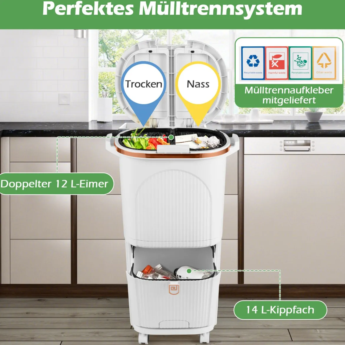 38L Mülleimer mit 2 Herausnehmbaren Eimern & Deckel & Fußpedal & Rädern Abfalleimer Weiß