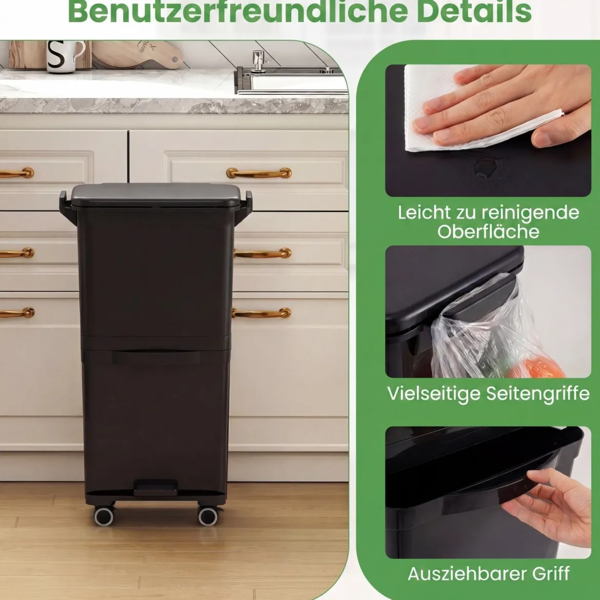 36 L Mülltonne Abfalleimer mit 2 herausnehmbaren Behältern kippbarem Abteil & Müllklassifizierungs-Aufklebern Schwarz