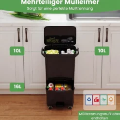 36 L Mülltonne Abfalleimer mit 2 herausnehmbaren Behältern kippbarem Abteil & Müllklassifizierungs-Aufklebern Schwarz