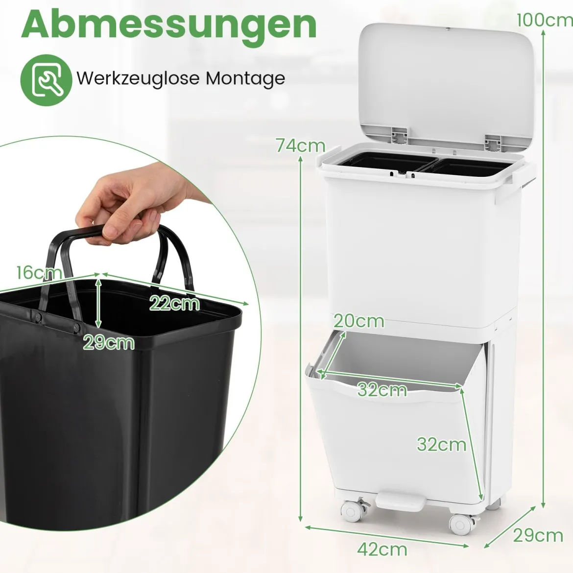 36 L Mülltonne Abfalleimer mit 2 herausnehmbaren Behältern kippbarem Abteil & Müllklassifizierungs-Aufklebern Weiß