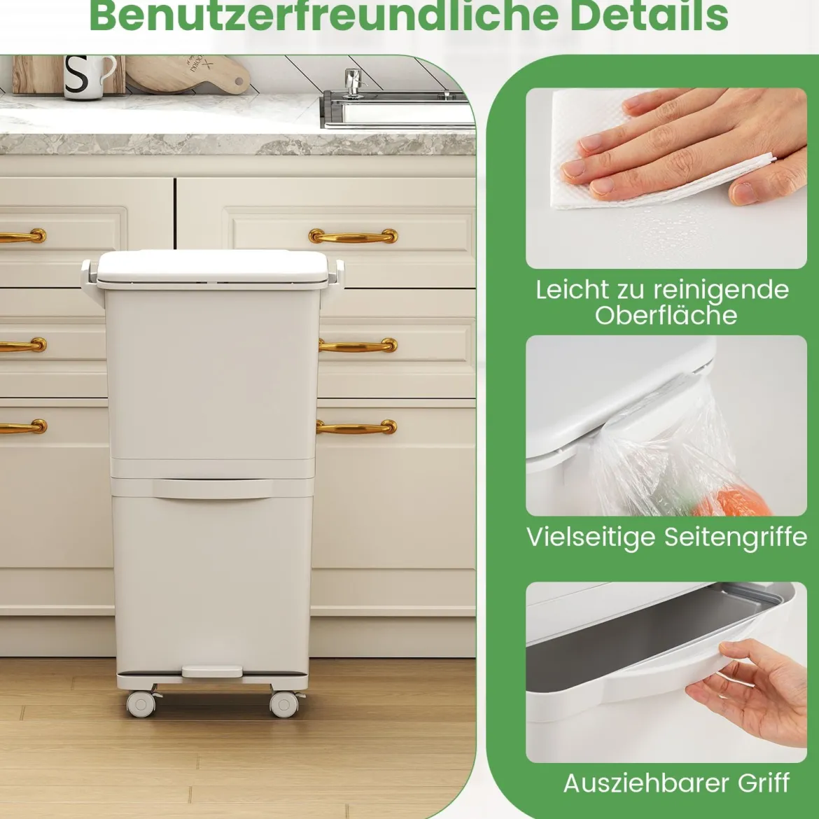 36 L Mülltonne Abfalleimer mit 2 herausnehmbaren Behältern kippbarem Abteil & Müllklassifizierungs-Aufklebern Weiß