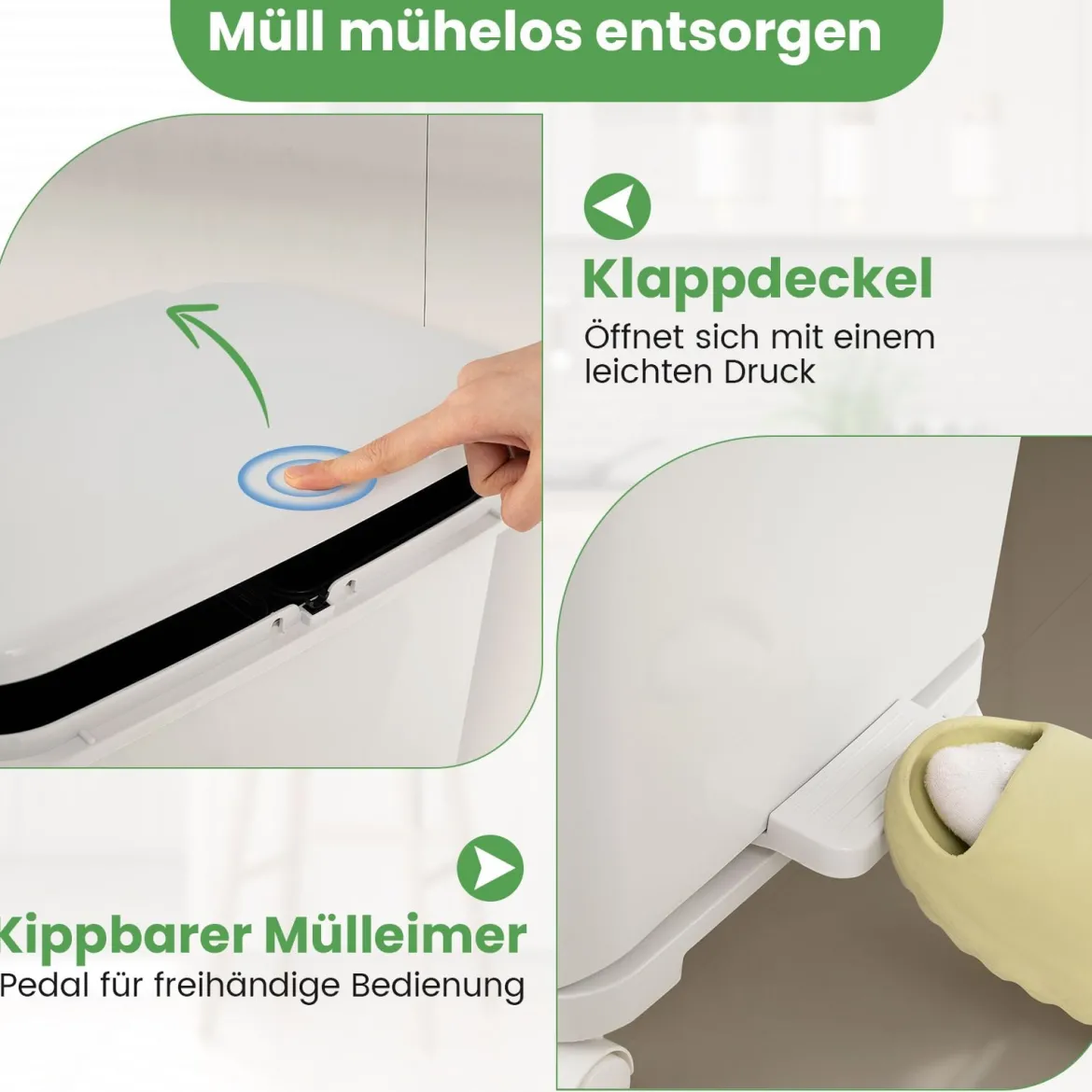 36 L Mülltonne Abfalleimer mit 2 herausnehmbaren Behältern kippbarem Abteil & Müllklassifizierungs-Aufklebern Weiß