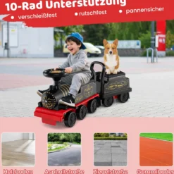 Lokomotive mit Waggon 6V betriebenes Elektroauto mit Stauraum unter dem Sitz ausziehbaren Fußstützen Schwarz
