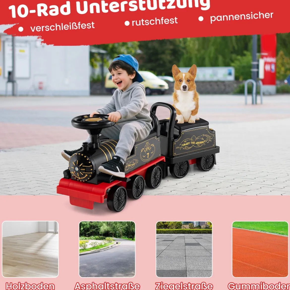 Lokomotive mit Waggon 6V betriebenes Elektroauto mit Stauraum unter dem Sitz ausziehbaren Fußstützen Schwarz