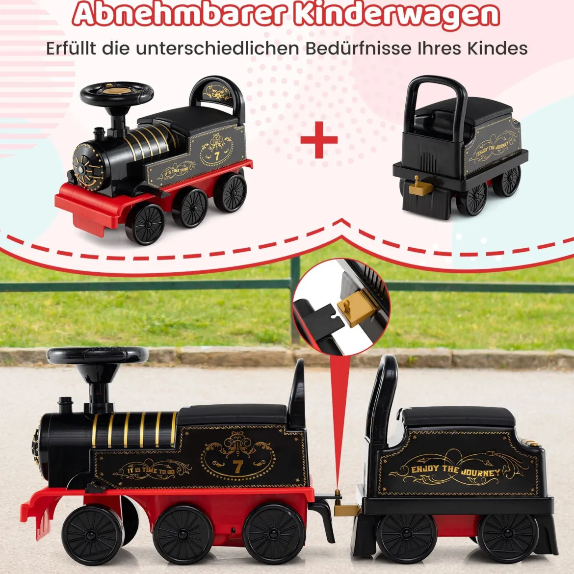 Lokomotive mit Waggon 6V betriebenes Elektroauto mit Stauraum unter dem Sitz ausziehbaren Fußstützen Schwarz