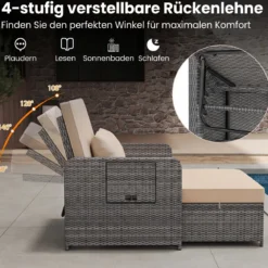 Lounge Möbel Outdoor Rattan Gartenlounge Set mit Hocker Gartensofa mit Liegefunktion Beige/Schwarz/Grau /Weiß