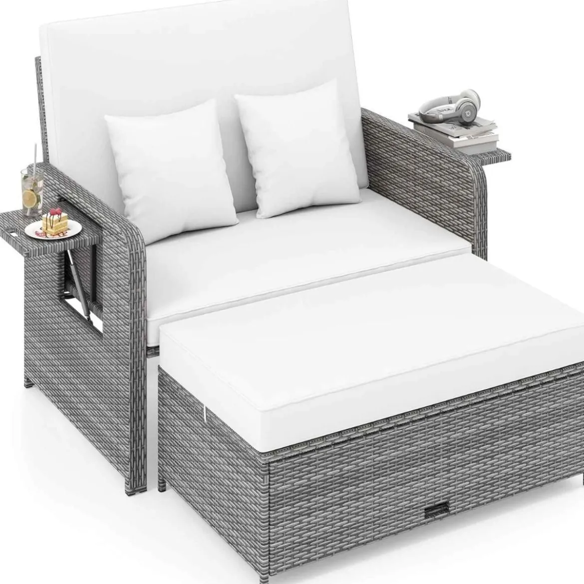 Lounge Möbel Outdoor Rattan Gartenlounge Set mit Hocker Gartensofa mit Liegefunktion Beige/Schwarz/Grau /Weiß