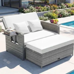 Lounge Möbel Outdoor Rattan Gartenlounge Set mit Hocker Gartensofa mit Liegefunktion Beige/Schwarz/Grau /Weiß