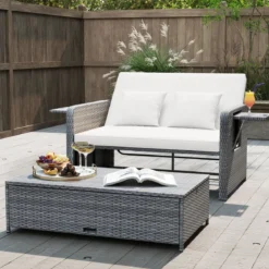 Lounge Möbel Outdoor Rattan Gartenlounge Set mit Hocker Gartensofa mit Liegefunktion Beige/Schwarz/Grau /Weiß