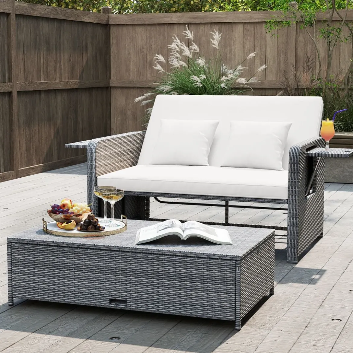 Lounge Möbel Outdoor Rattan Gartenlounge Set mit Hocker Gartensofa mit Liegefunktion Beige/Schwarz/Grau /Weiß