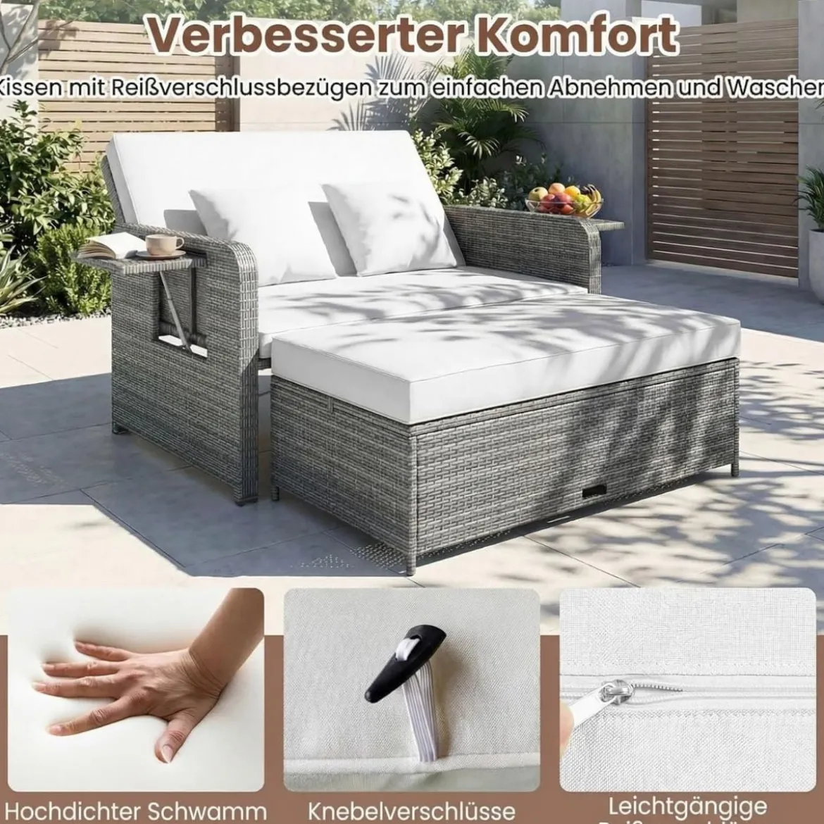 Lounge Möbel Outdoor Rattan Gartenlounge Set mit Hocker Gartensofa mit Liegefunktion Beige/Schwarz/Grau /Weiß
