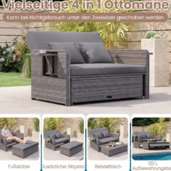 Lounge Möbel Outdoor Rattan Gartenlounge Set mit Hocker Gartensofa mit Liegefunktion Beige/Schwarz/Grau /Weiß