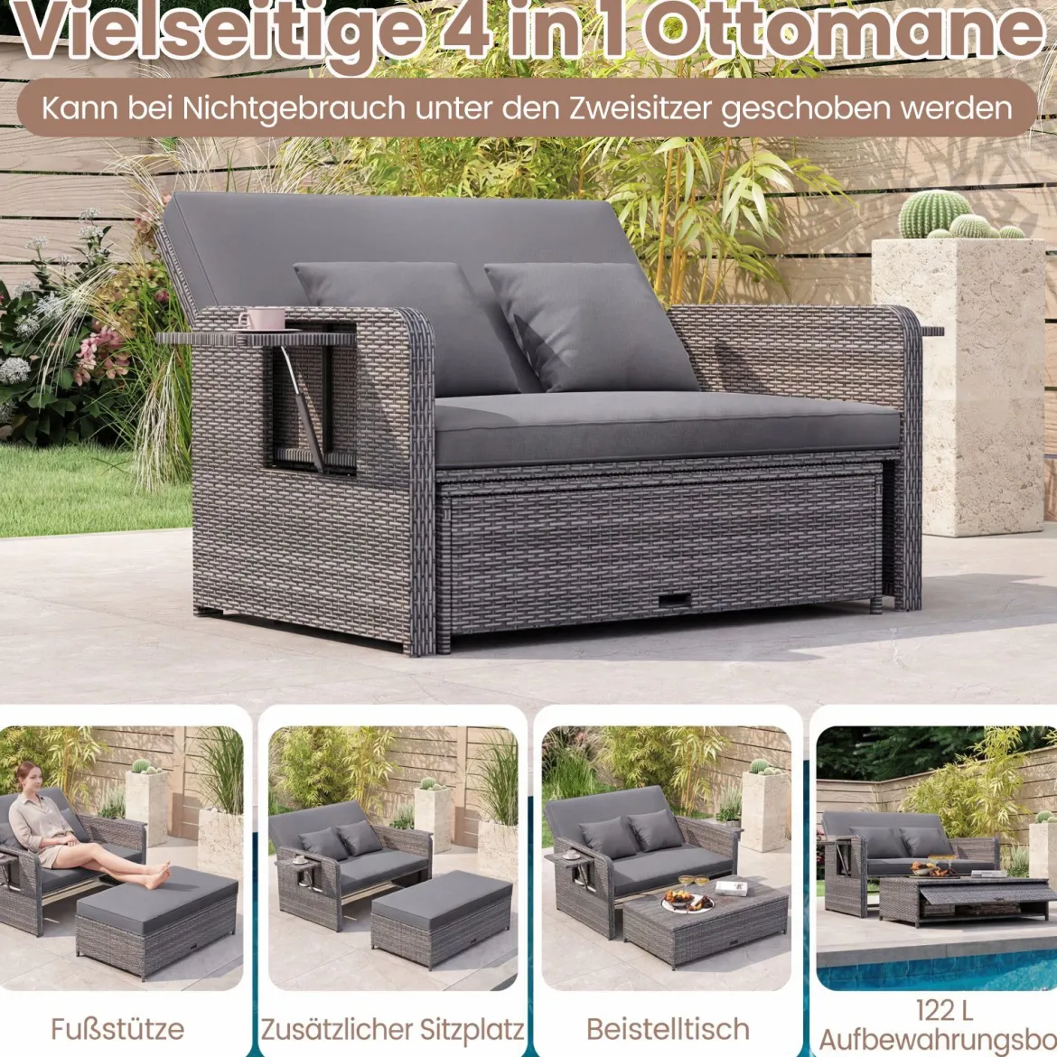 Lounge Möbel Outdoor Rattan Gartenlounge Set mit Hocker Gartensofa mit Liegefunktion Beige/Schwarz/Grau /Weiß