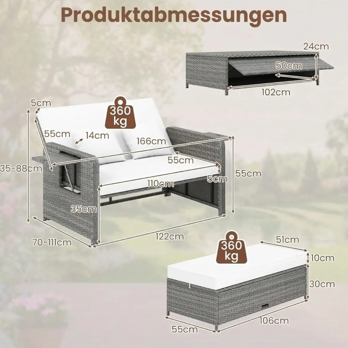 Lounge Möbel Outdoor Rattan Gartenlounge Set mit Hocker Gartensofa mit Liegefunktion Beige/Schwarz/Grau /Weiß