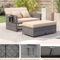 Lounge Möbel Outdoor Rattan Gartenlounge Set mit Hocker Gartensofa mit Liegefunktion Beige/Schwarz/Grau /Weiß