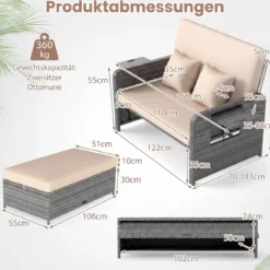 Lounge Möbel Outdoor Rattan Gartenlounge Set mit Hocker Gartensofa mit Liegefunktion Beige/Schwarz/Grau /Weiß