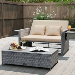 Lounge Möbel Outdoor Rattan Gartenlounge Set mit Hocker Gartensofa mit Liegefunktion Beige/Schwarz/Grau /Weiß