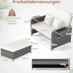 Lounge Möbel Outdoor Rattan Gartenlounge Set mit Hocker Gartensofa mit Liegefunktion Beige/Schwarz/Grau /Weiß