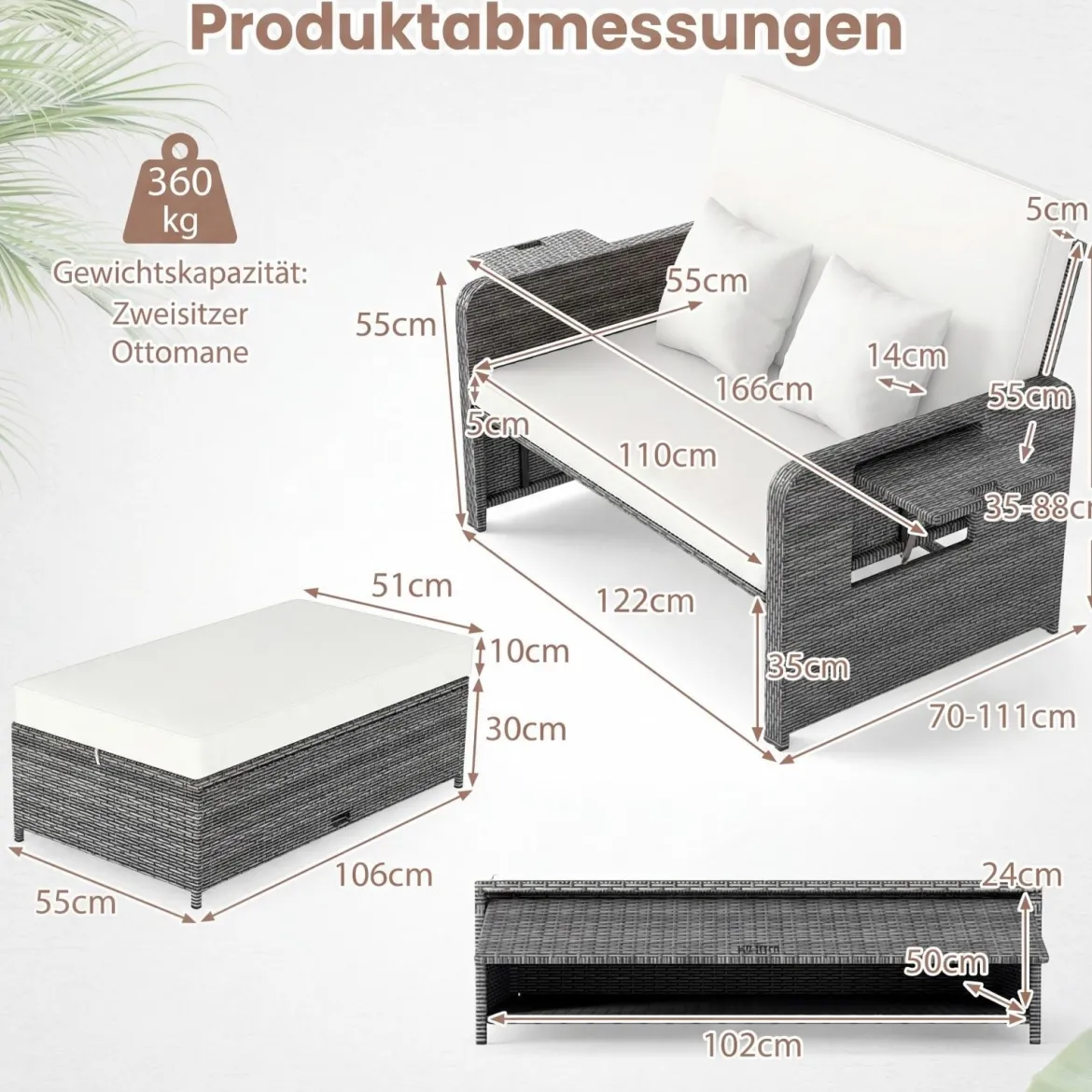 Lounge Möbel Outdoor Rattan Gartenlounge Set mit Hocker Gartensofa mit Liegefunktion Beige/Schwarz/Grau /Weiß