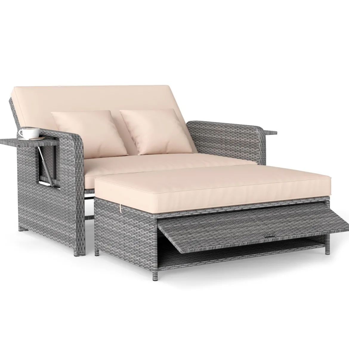 Lounge Möbel Outdoor Rattan Gartenlounge Set mit Hocker Gartensofa mit Liegefunktion Beige/Schwarz/Grau /Weiß