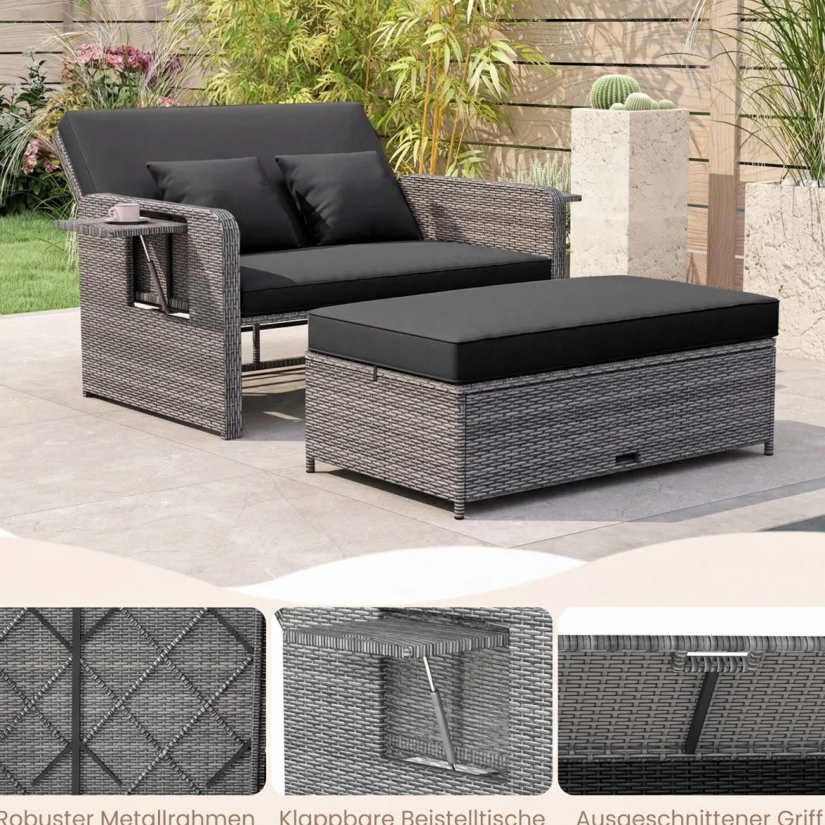 Lounge Möbel Outdoor Rattan Gartenlounge Set mit Hocker Gartensofa mit Liegefunktion Beige/Schwarz/Grau /Weiß