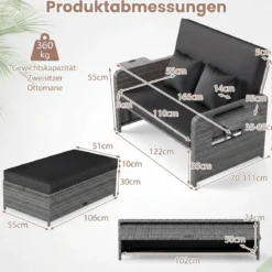 Lounge Möbel Outdoor Rattan Gartenlounge Set mit Hocker Gartensofa mit Liegefunktion Beige/Schwarz/Grau /Weiß