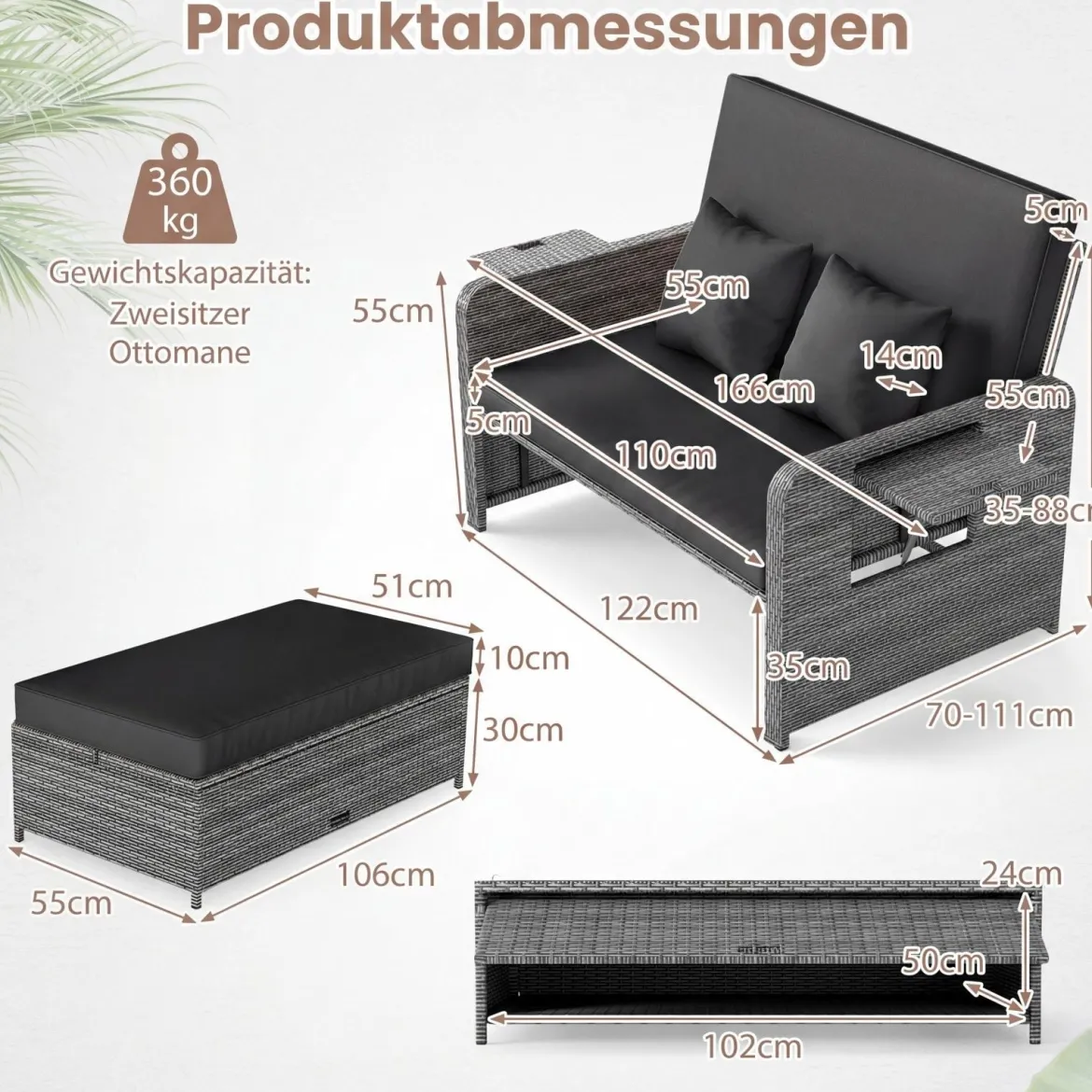 Lounge Möbel Outdoor Rattan Gartenlounge Set mit Hocker Gartensofa mit Liegefunktion Beige/Schwarz/Grau /Weiß