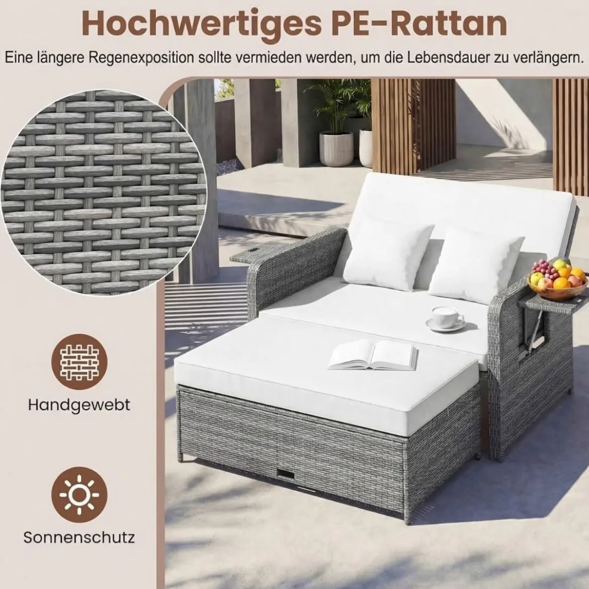 Lounge Möbel Outdoor Rattan Gartenlounge Set mit Hocker Gartensofa mit Liegefunktion Beige/Schwarz/Grau /Weiß