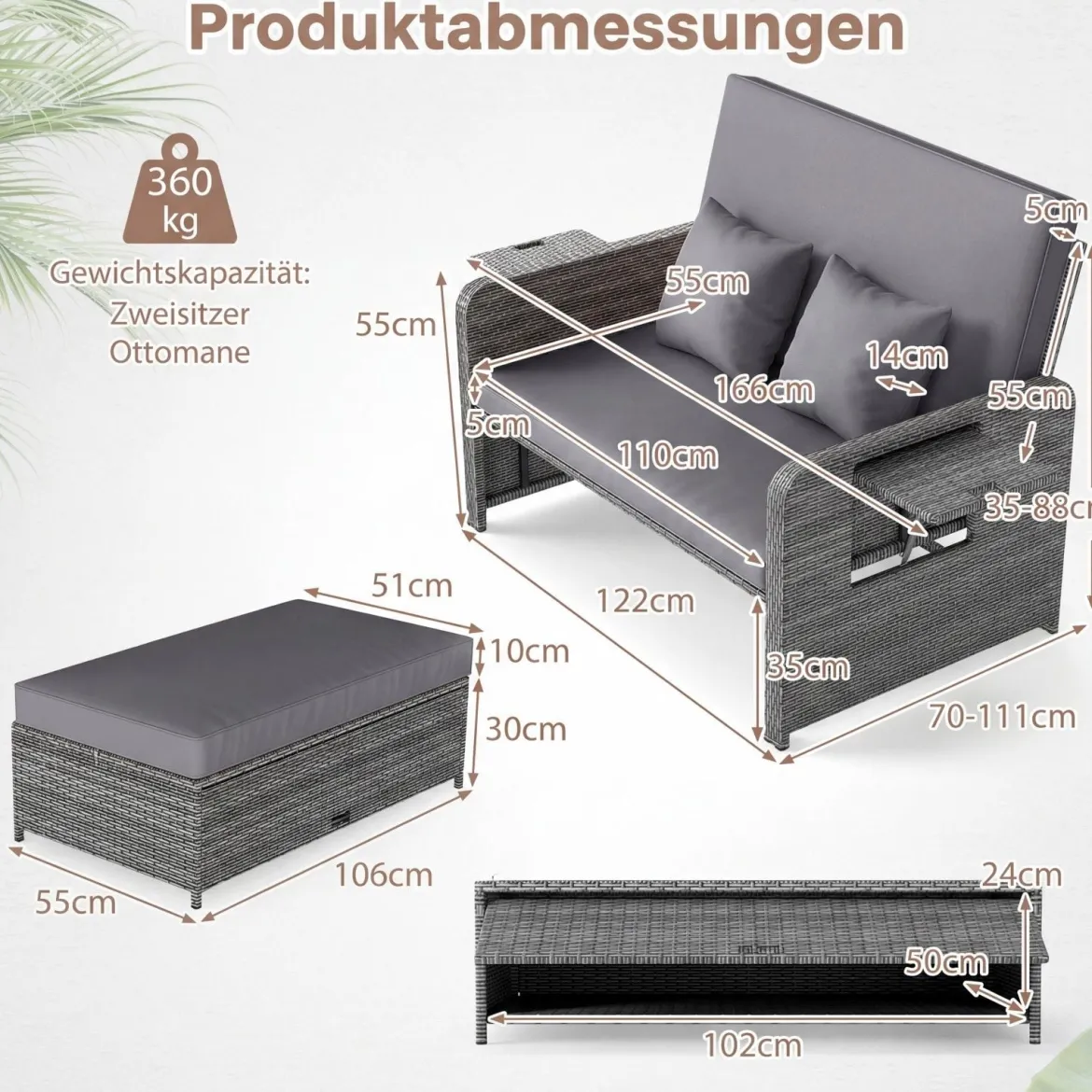 Lounge Möbel Outdoor Rattan Gartenlounge Set mit Hocker Gartensofa mit Liegefunktion Beige/Schwarz/Grau /Weiß