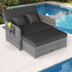 Lounge Möbel Outdoor Rattan Gartenlounge Set mit Hocker Gartensofa mit Liegefunktion Beige/Schwarz/Grau /Weiß