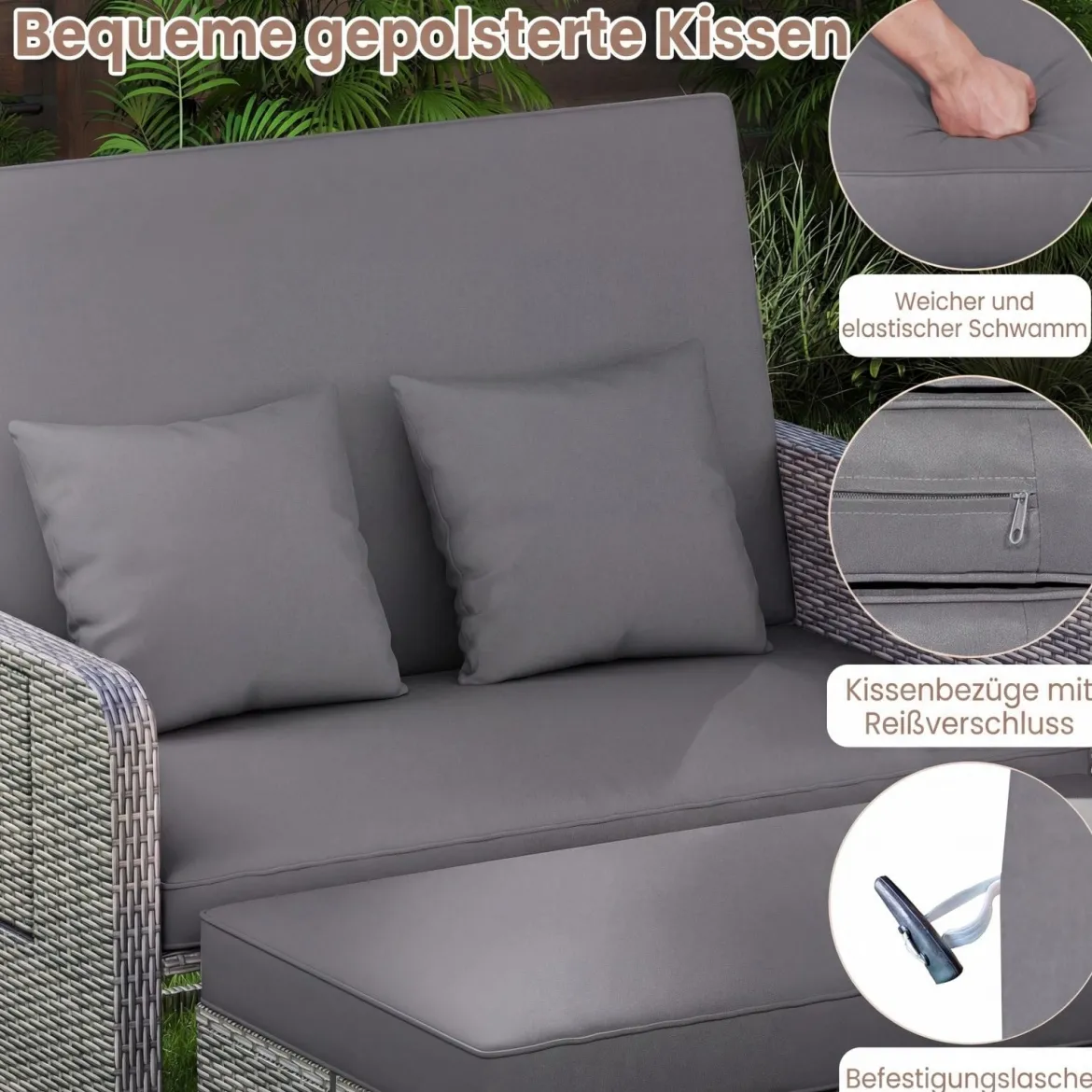 Lounge Möbel Outdoor Rattan Gartenlounge Set mit Hocker Gartensofa mit Liegefunktion Beige/Schwarz/Grau /Weiß