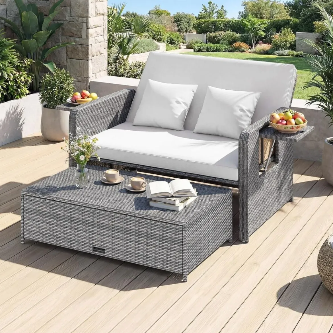 Lounge Möbel Outdoor Rattan Gartenlounge Set mit Hocker Gartensofa mit Liegefunktion Beige/Schwarz/Grau /Weiß