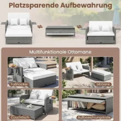 Lounge Möbel Outdoor Rattan Gartenlounge Set mit Hocker Gartensofa mit Liegefunktion Beige/Schwarz/Grau /Weiß