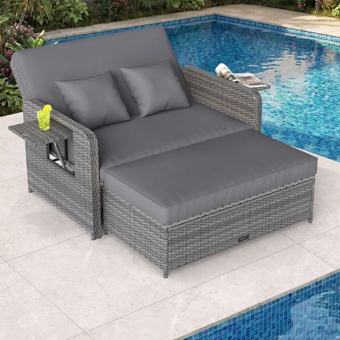 Lounge Möbel Outdoor Rattan Gartenlounge Set mit Hocker Gartensofa mit Liegefunktion Beige/Schwarz/Grau /Weiß