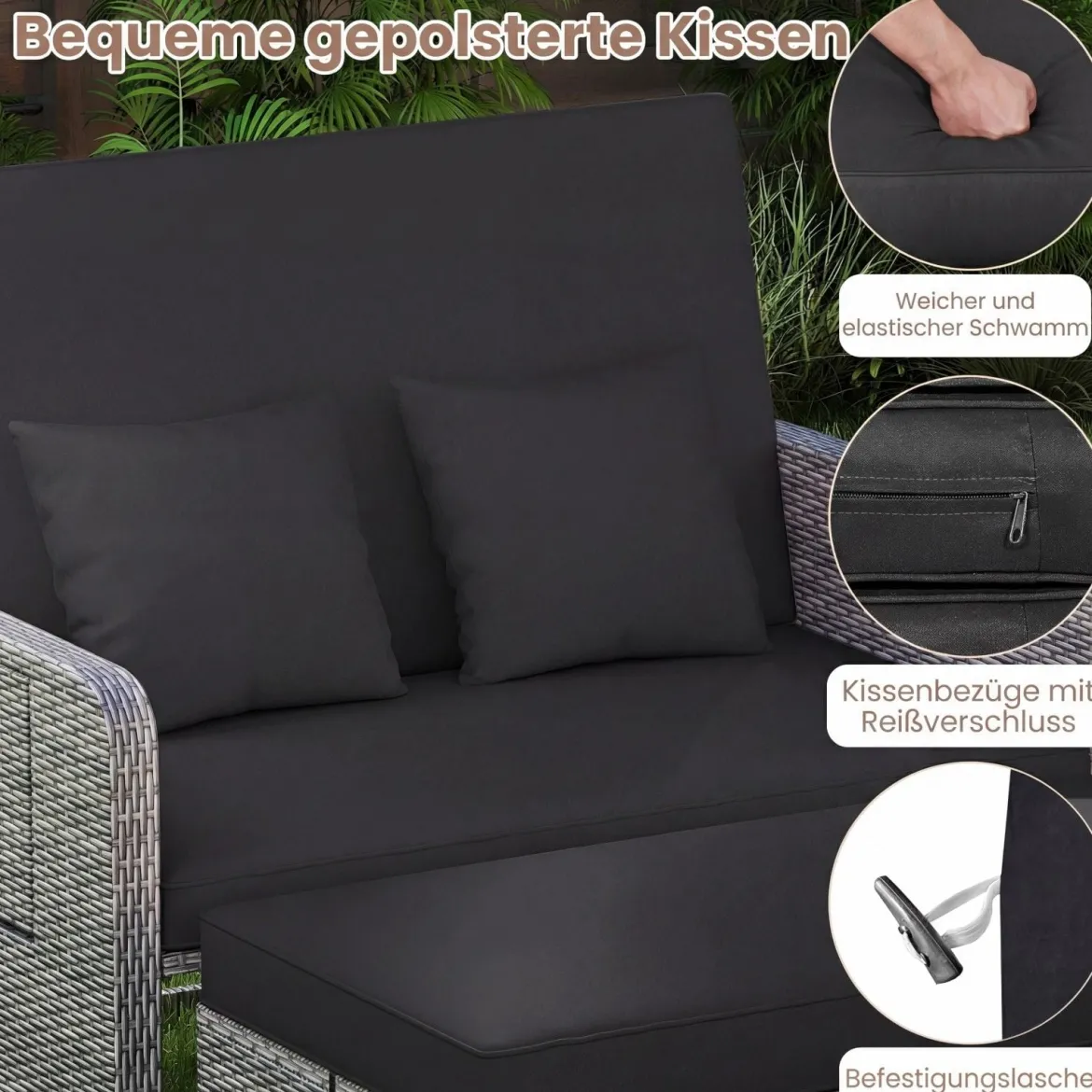 Lounge Möbel Outdoor Rattan Gartenlounge Set mit Hocker Gartensofa mit Liegefunktion Beige/Schwarz/Grau /Weiß