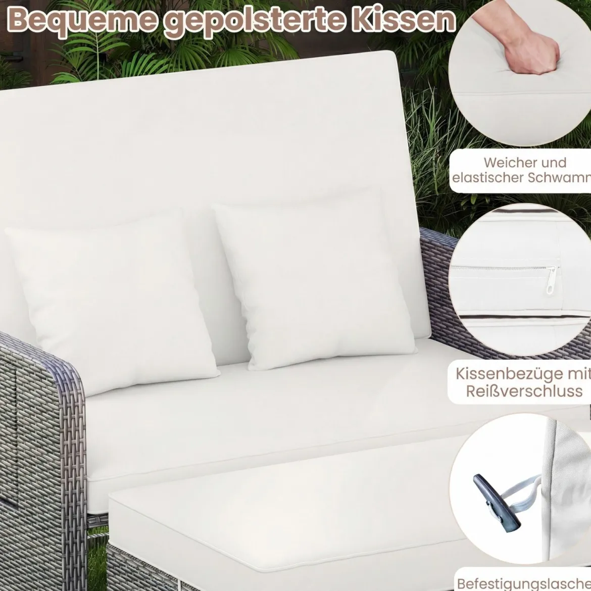 Lounge Möbel Outdoor Rattan Gartenlounge Set mit Hocker Gartensofa mit Liegefunktion Beige/Schwarz/Grau /Weiß