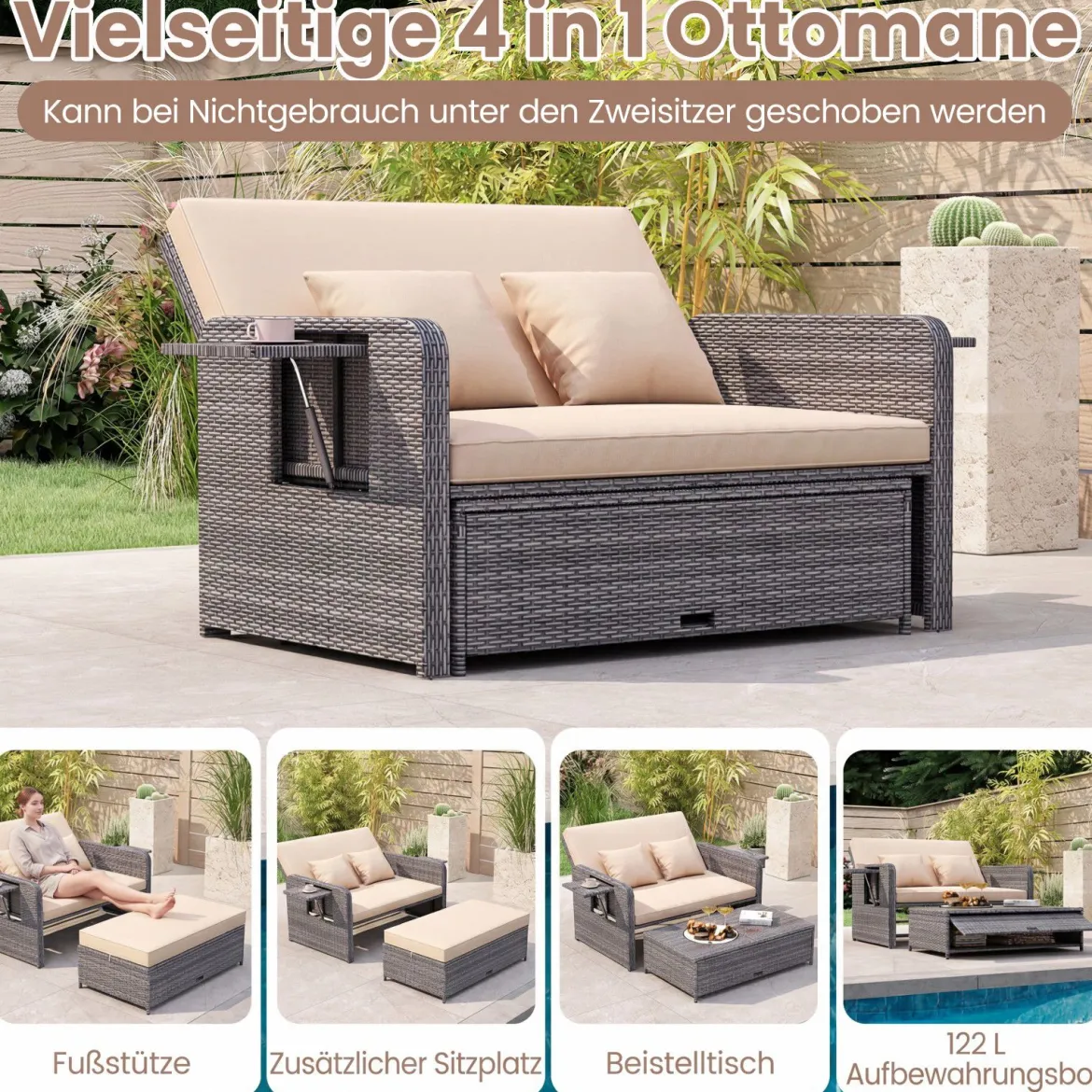 Lounge Möbel Outdoor Rattan Gartenlounge Set mit Hocker Gartensofa mit Liegefunktion Beige/Schwarz/Grau /Weiß