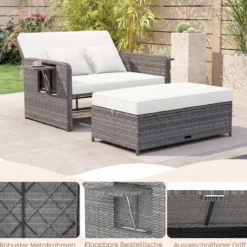 Lounge Möbel Outdoor Rattan Gartenlounge Set mit Hocker Gartensofa mit Liegefunktion Beige/Schwarz/Grau /Weiß
